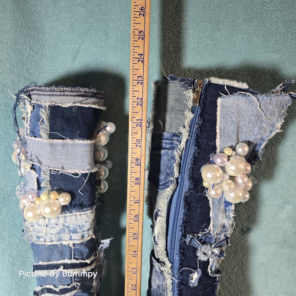 AZALEA WANG DENIM CHUNKY PATCHWORK PLATFORM BOOT.Denim Patchwork Knee-High Boots - Picture 2 of 16